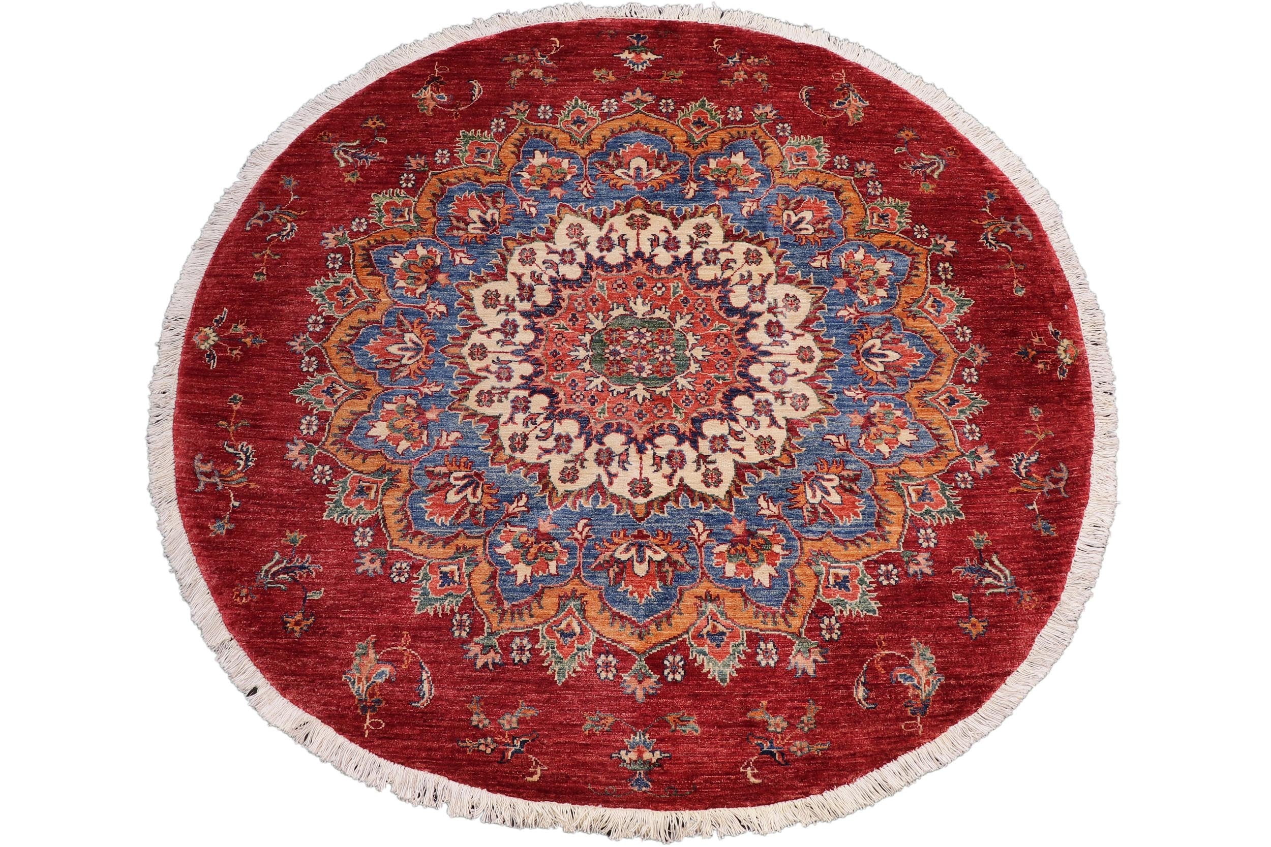 handmade Geometric Kurjean Blue Red Hand Knotted ROUND 100% WOOL area rug 6x6
