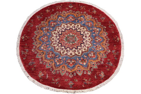 handmade Geometric Kurjean Blue Red Hand Knotted ROUND 100% WOOL area rug 6x6