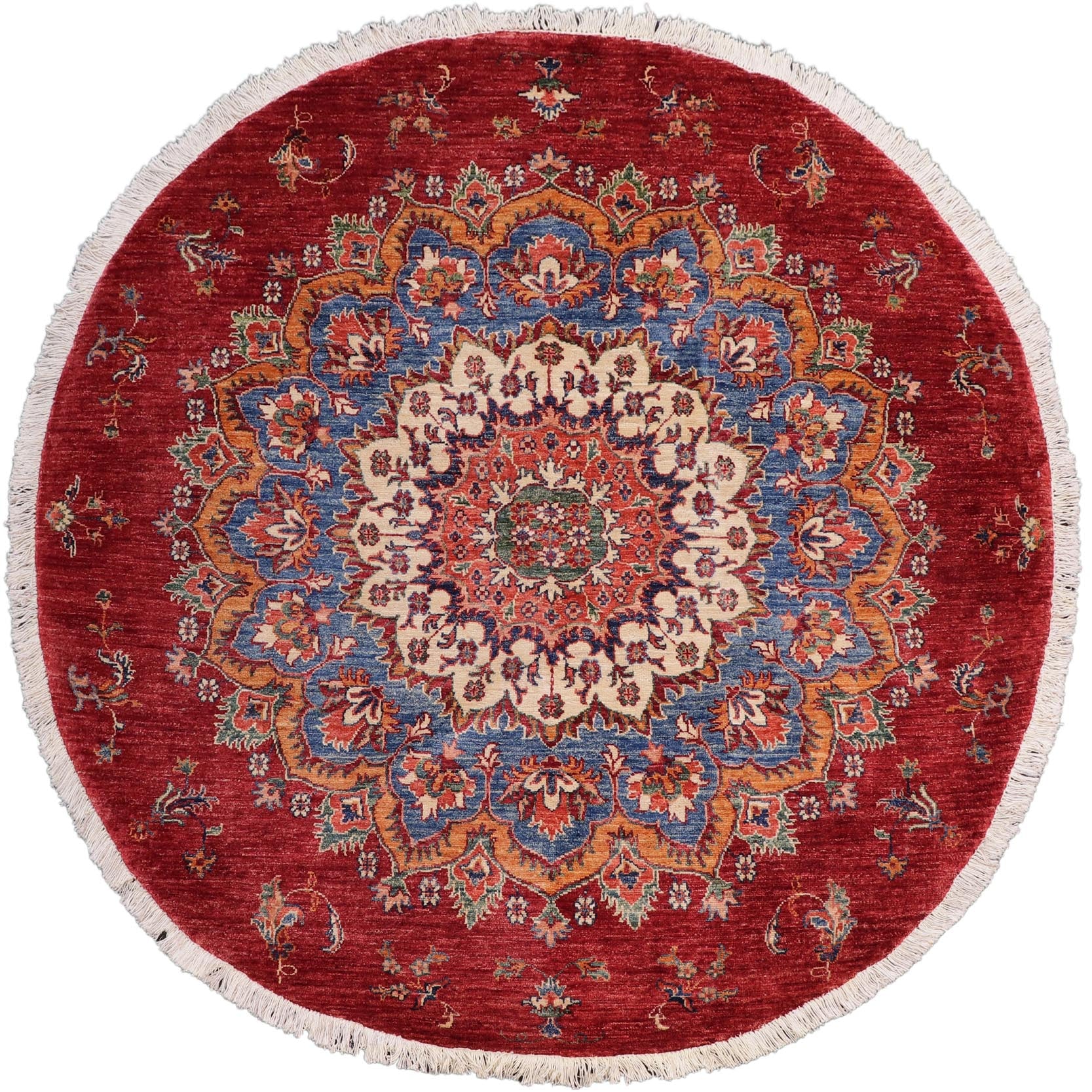 handmade Geometric Kurjean Blue Red Hand Knotted ROUND 100% WOOL area rug 6x6