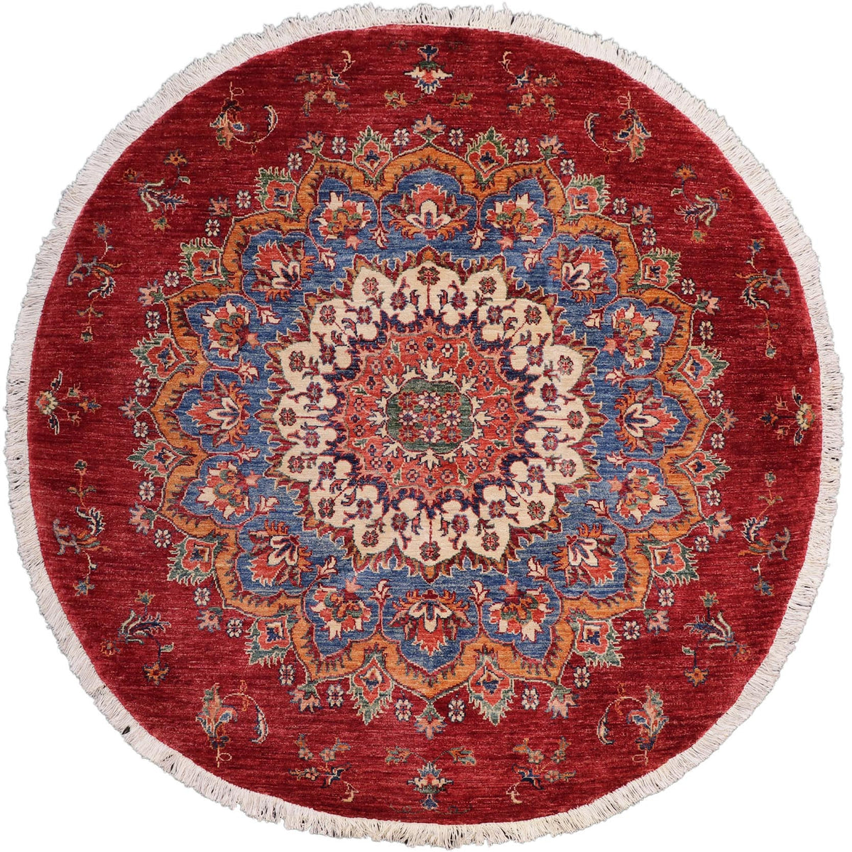 handmade Geometric Kurjean Blue Red Hand Knotted ROUND 100% WOOL area rug 6x6