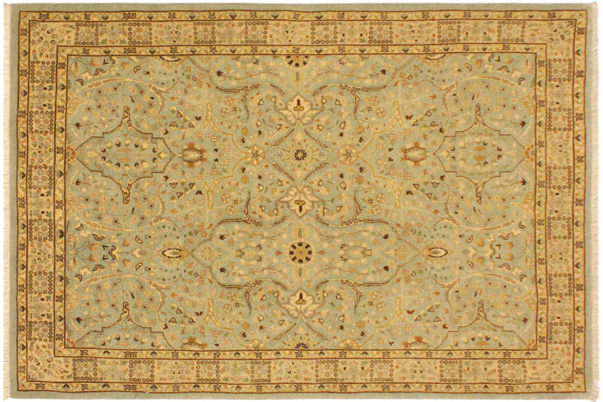 handmade Traditional Tabriz Blue Ivory Hand Knotted RECTANGLE 100% WOOL area rug 4' x 6'