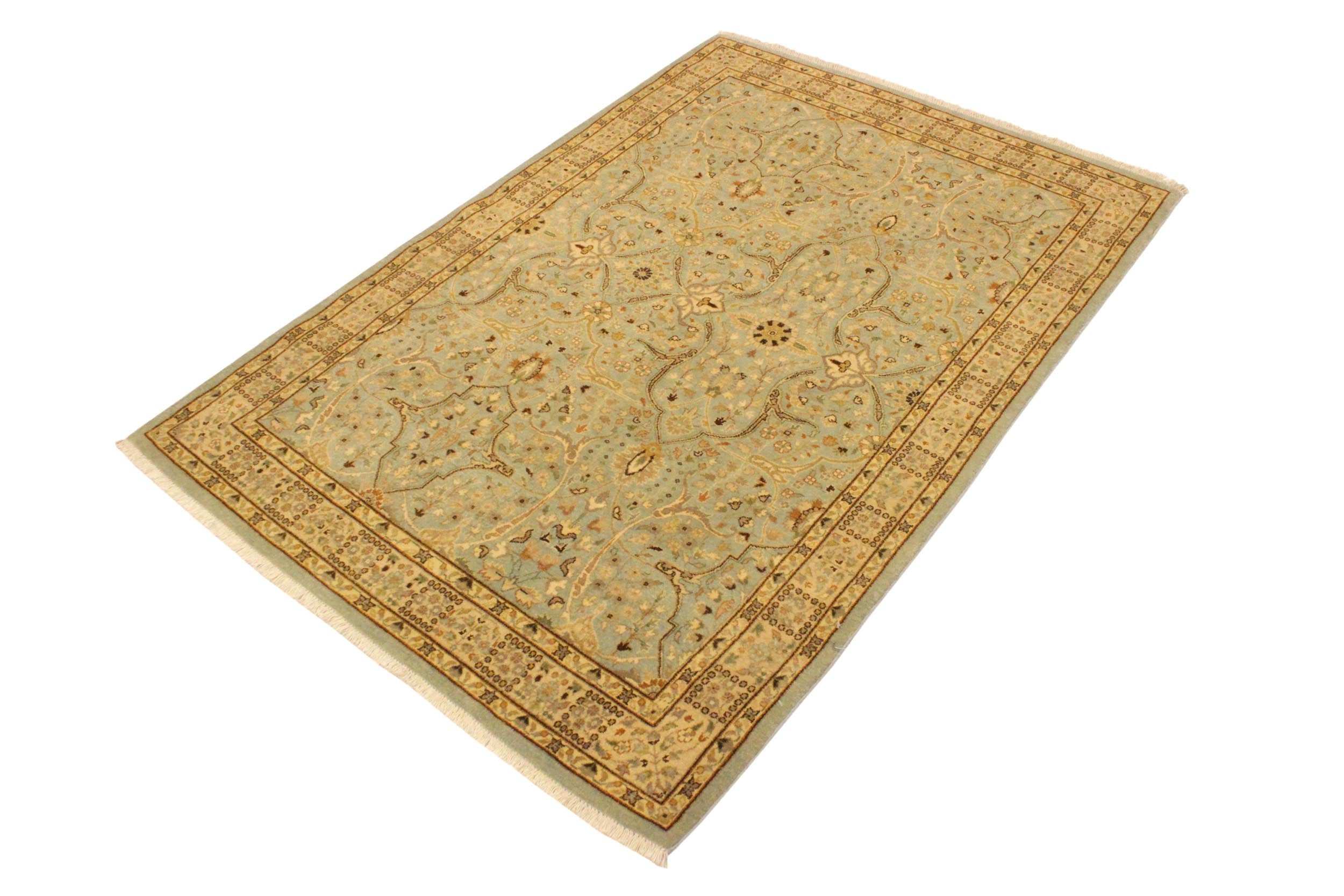 handmade Traditional Tabriz Blue Ivory Hand Knotted RECTANGLE 100% WOOL area rug 4' x 6'