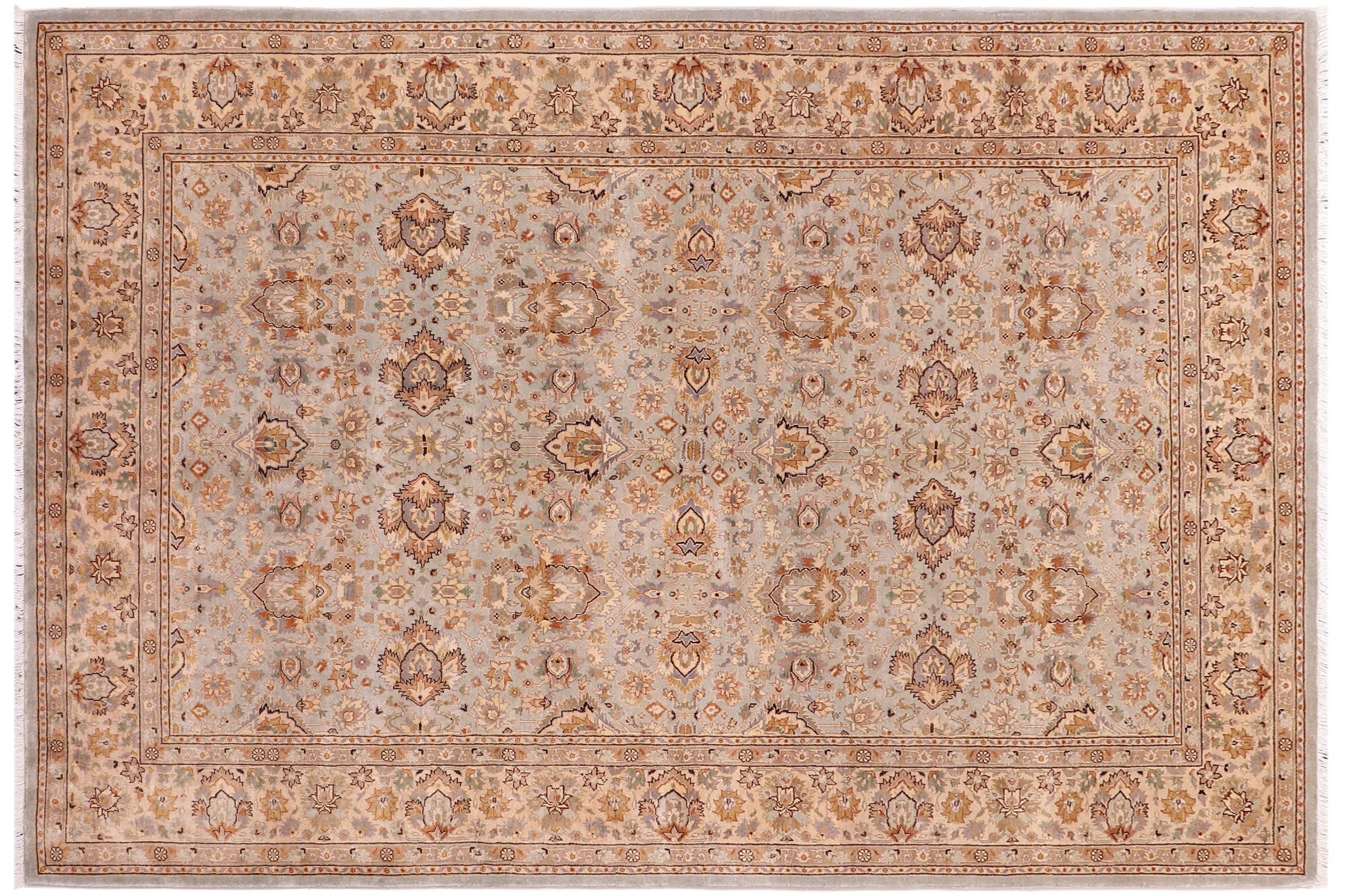 handmade Traditional Lahore Lt. Blue Tan Hand Knotted RECTANGLE 100% WOOL area rug 6' x 9'