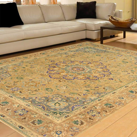 handmade Vintage Hand Painte Tan Gray Hand Knotted RECTANGLE 100% WOOL area rug 9X13