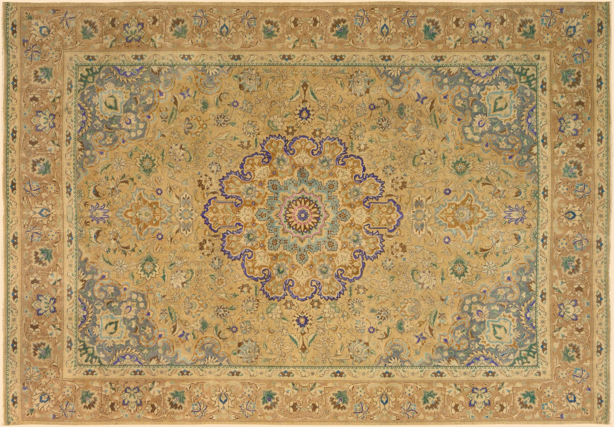 handmade Vintage Hand Painte Tan Gray Hand Knotted RECTANGLE 100% WOOL area rug 9' x 13'