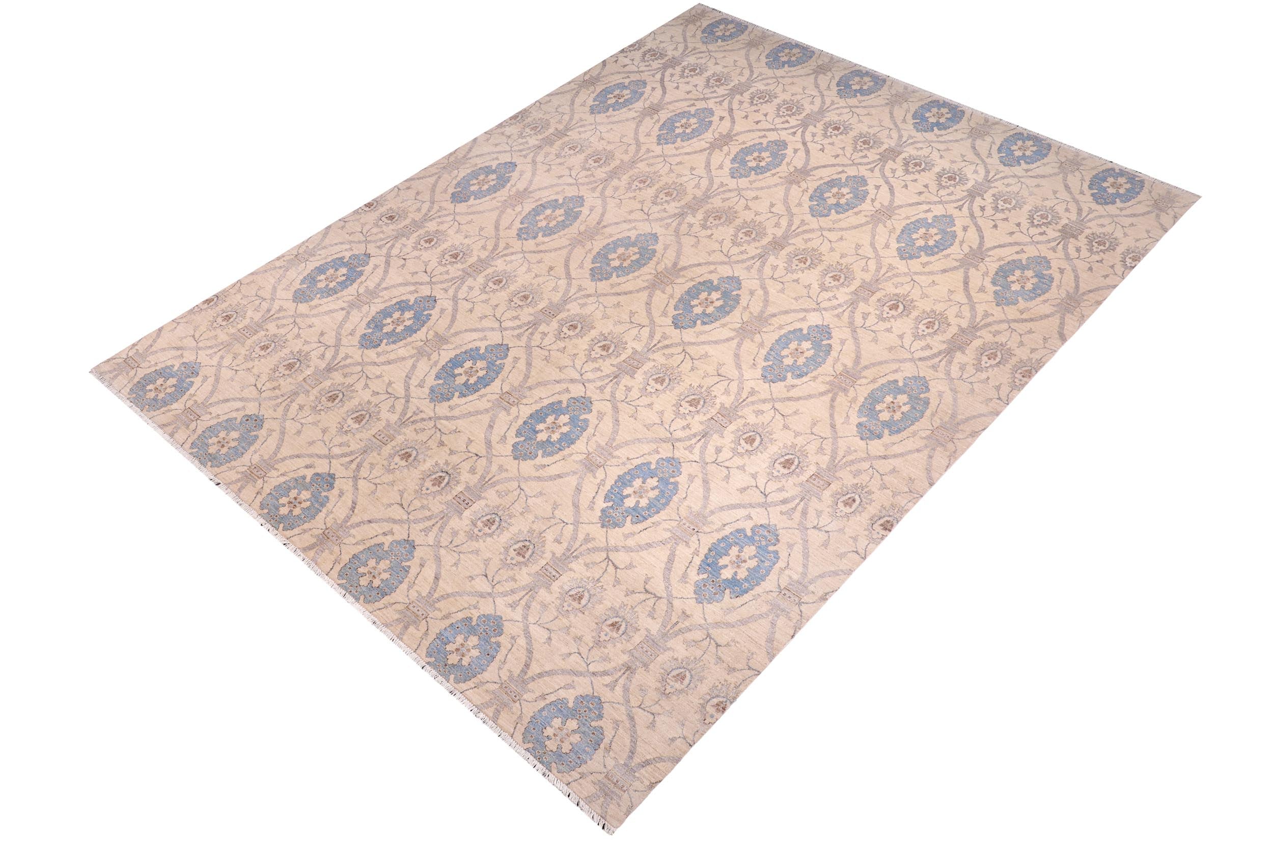 handmade Modern Kafkaz Ivory Blue Hand Knotted RECTANGLE 100% WOOL area rug 12' x 15'