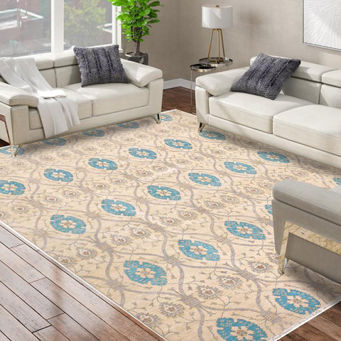 handmade Modern Kafkaz Ivory Blue Hand Knotted RECTANGLE 100% WOOL area rug 12X15