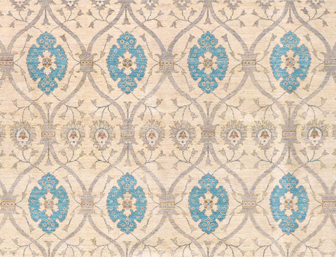 handmade Modern Kafkaz Ivory Blue Hand Knotted RECTANGLE 100% WOOL area rug 12X15