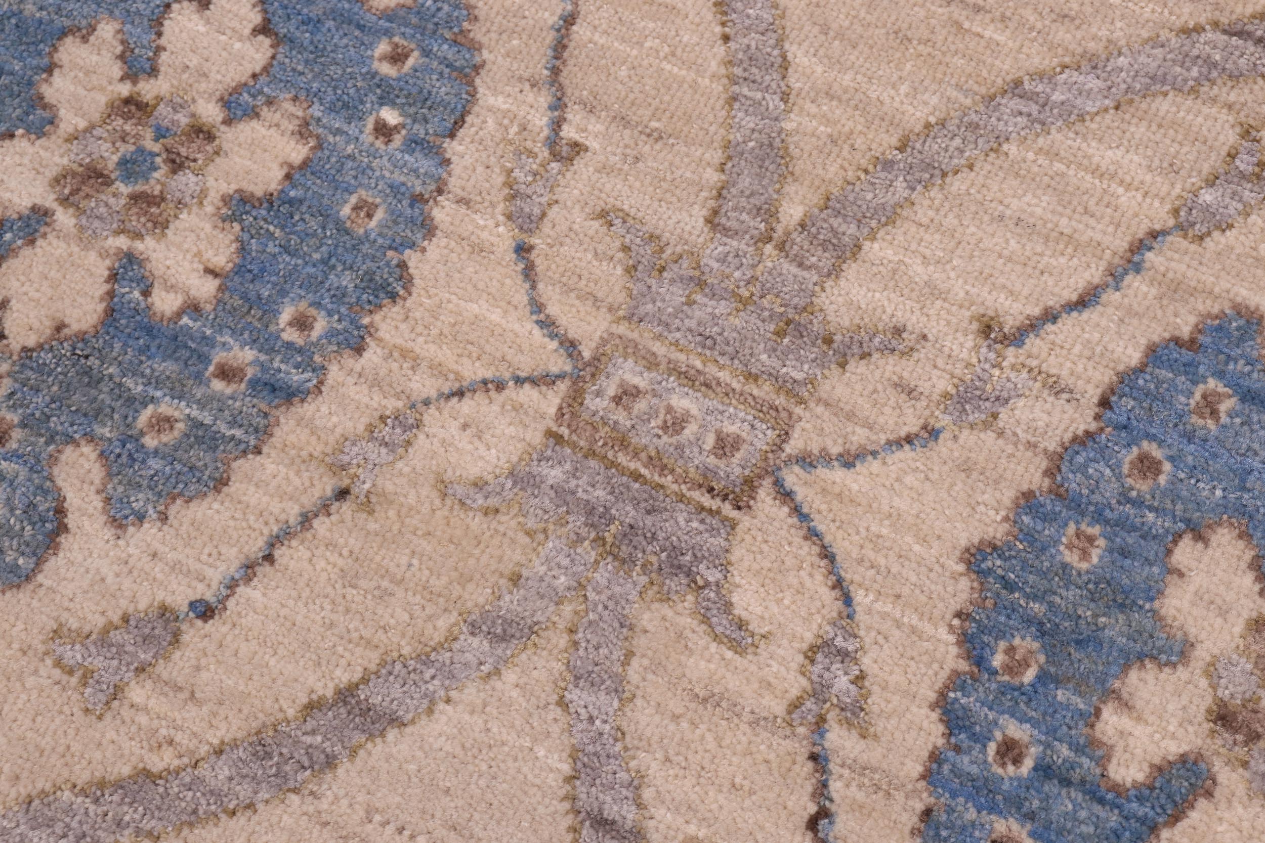 handmade Modern Kafkaz Ivory Blue Hand Knotted RECTANGLE 100% WOOL area rug 12' x 15'