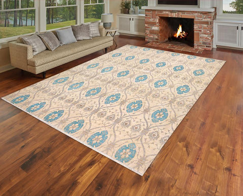 handmade Modern Kafkaz Ivory Blue Hand Knotted RECTANGLE 100% WOOL area rug 12X15