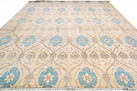handmade Modern Kafkaz Ivory Blue Hand Knotted RECTANGLE 100% WOOL area rug 12X15