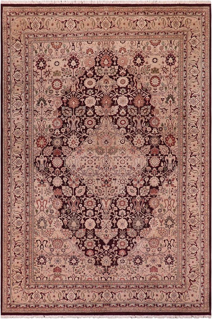 handmade Traditional Tabriz Aubergine Tan Hand Knotted RECTANGLE 100% WOOL area rug 6'X9'