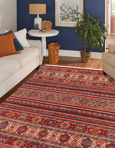 handmade Geometric Kurjean Rust Blue Hand Knotted RECTANGLE 100% WOOL area rug 6x10