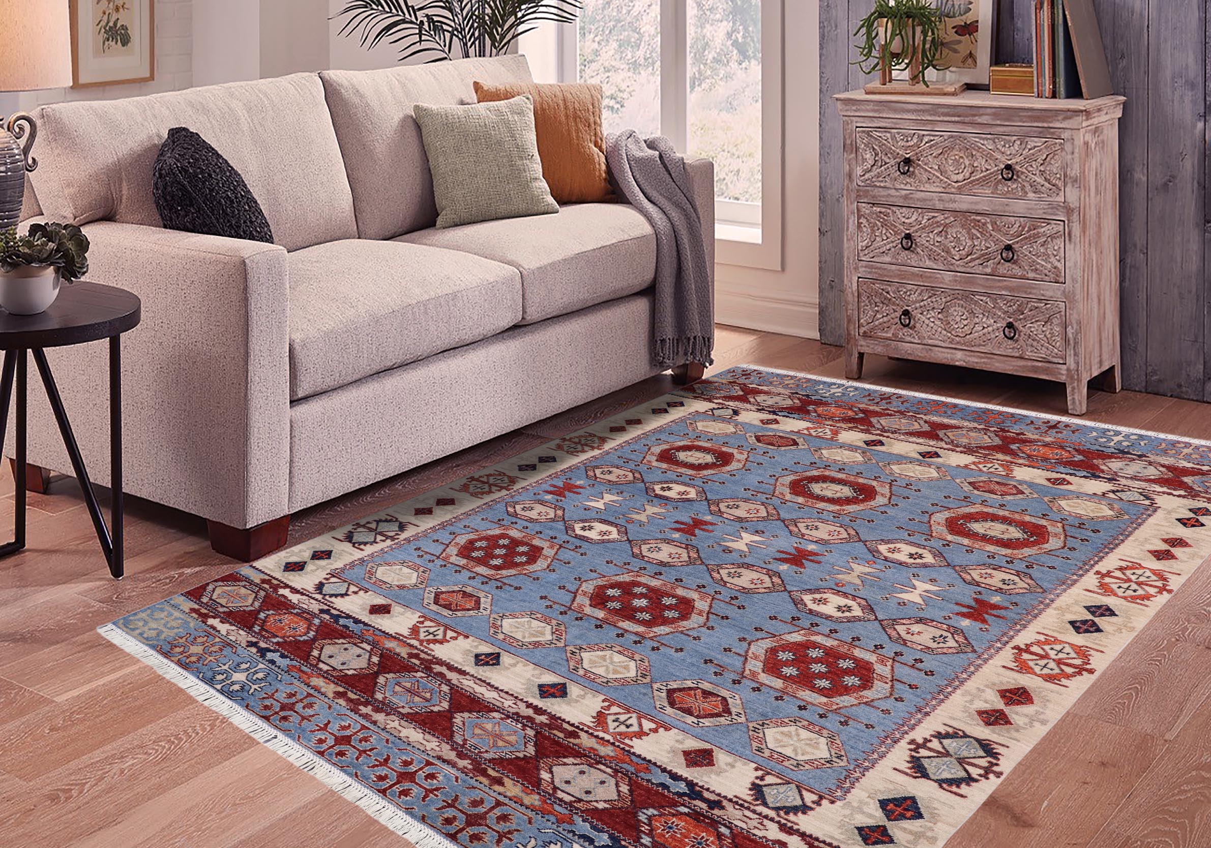 handmade Geometric Kurjean Blue Rust Hand Knotted RECTANGLE 100% WOOL area rug 6x8