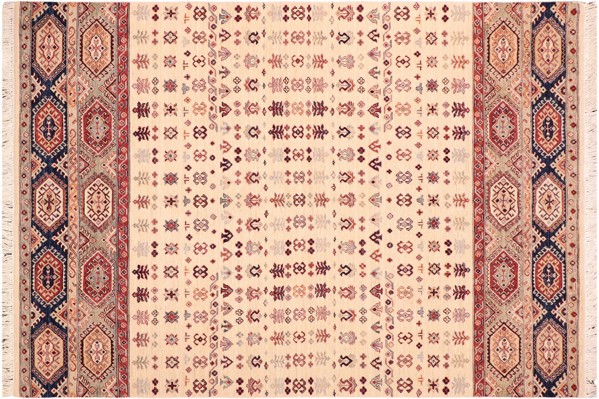 handmade Geometric Kurjean Beige Blue Hand Knotted RECTANGLE 100% WOOL area rug 6x9