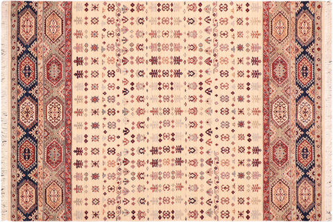 handmade Geometric Kurjean Beige Blue Hand Knotted RECTANGLE 100% WOOL area rug 6x9