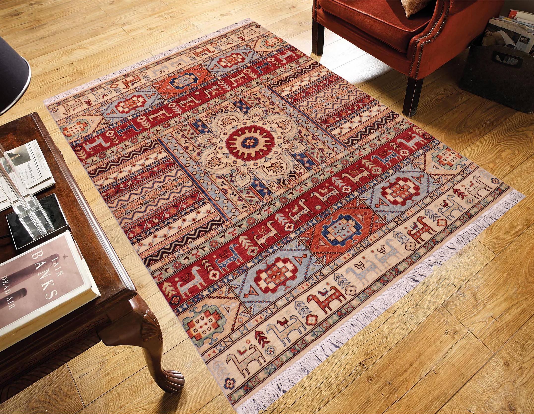 handmade Geometric Kurjean Ivory Red Hand Knotted RECTANGLE 100% WOOL area rug 5x6