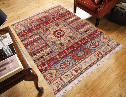 handmade Geometric Kurjean Ivory Red Hand Knotted RECTANGLE 100% WOOL area rug 5x6