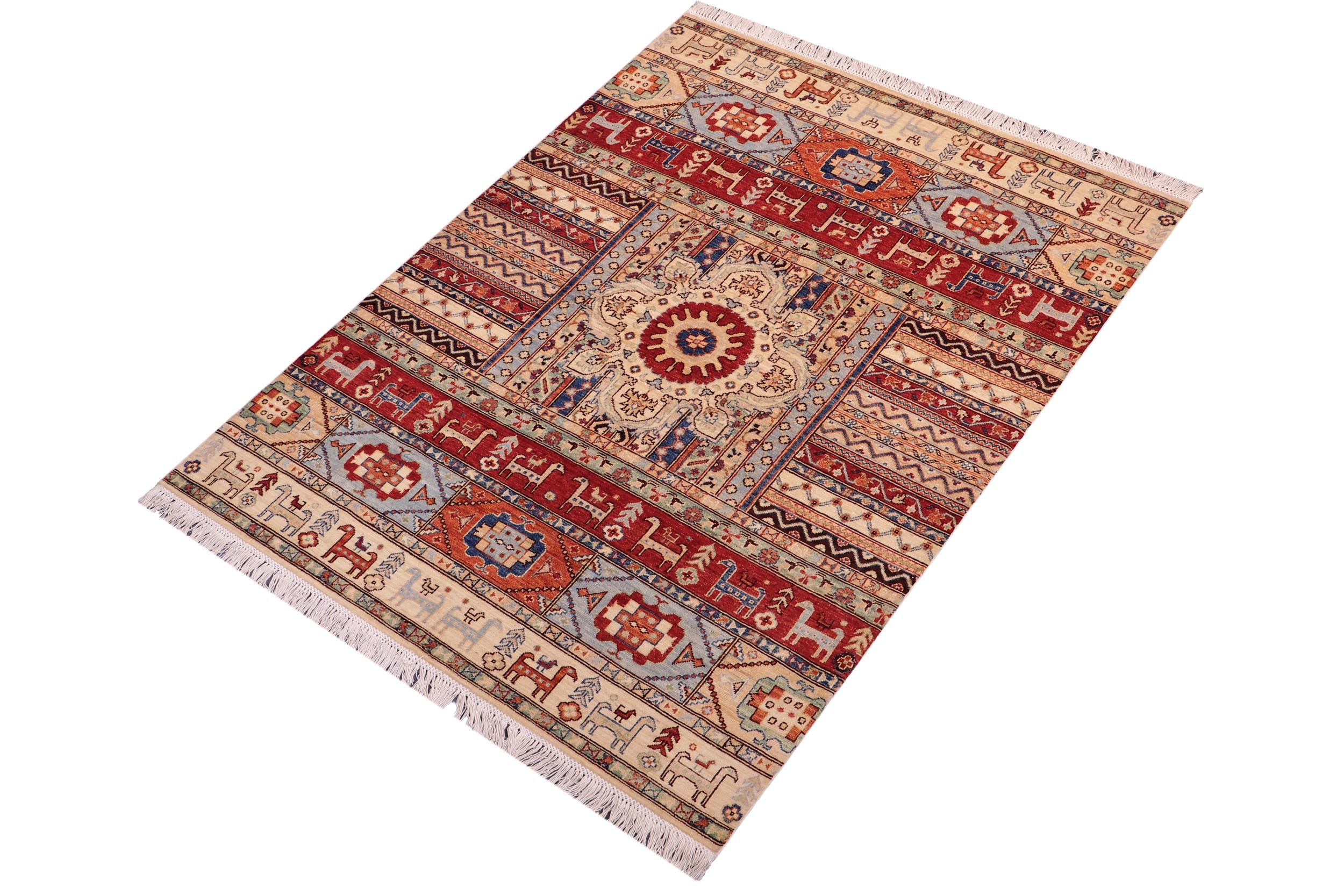 handmade Geometric Kurjean Ivory Red Hand Knotted RECTANGLE 100% WOOL area rug 5x6