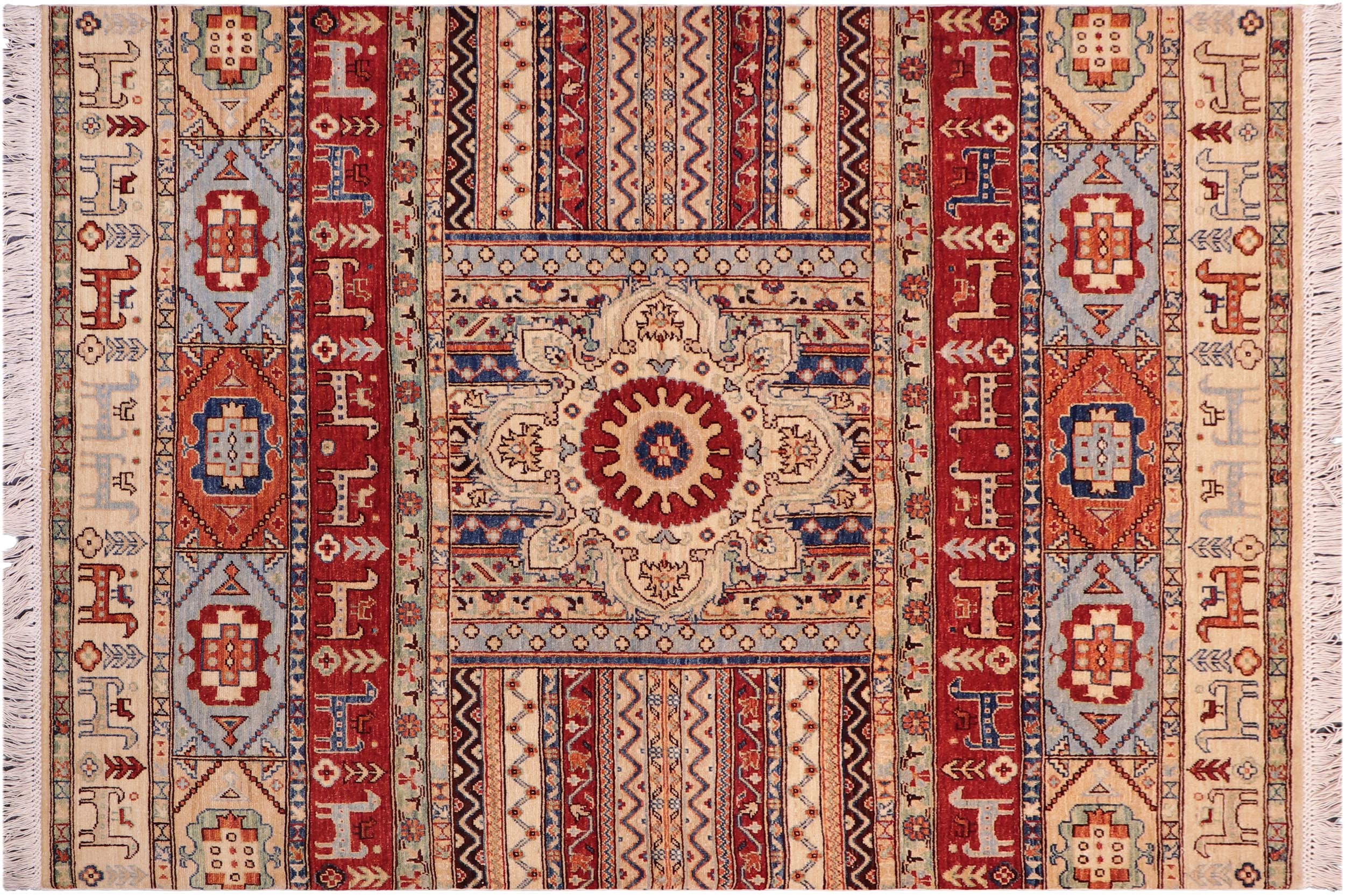 handmade Geometric Kurjean Ivory Red Hand Knotted RECTANGLE 100% WOOL area rug 5x6