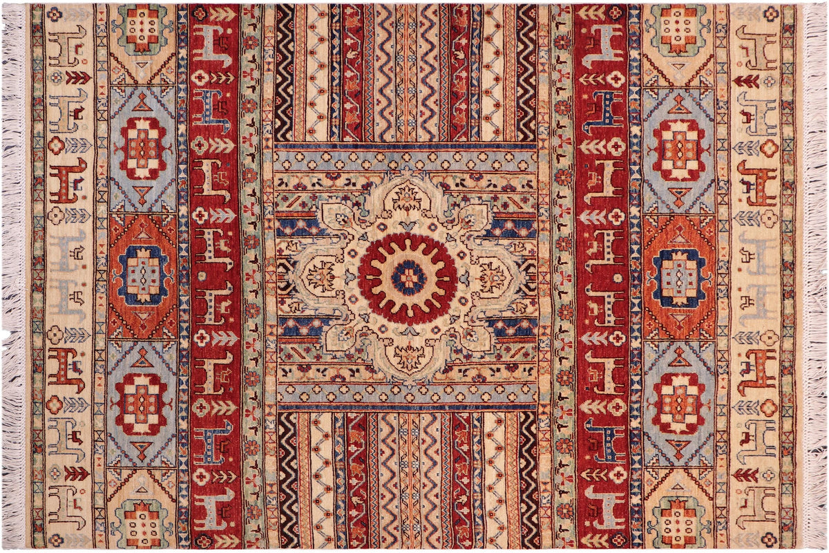 handmade Geometric Kurjean Ivory Red Hand Knotted RECTANGLE 100% WOOL area rug 5x6