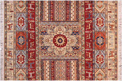 handmade Geometric Kurjean Ivory Red Hand Knotted RECTANGLE 100% WOOL area rug 5x6