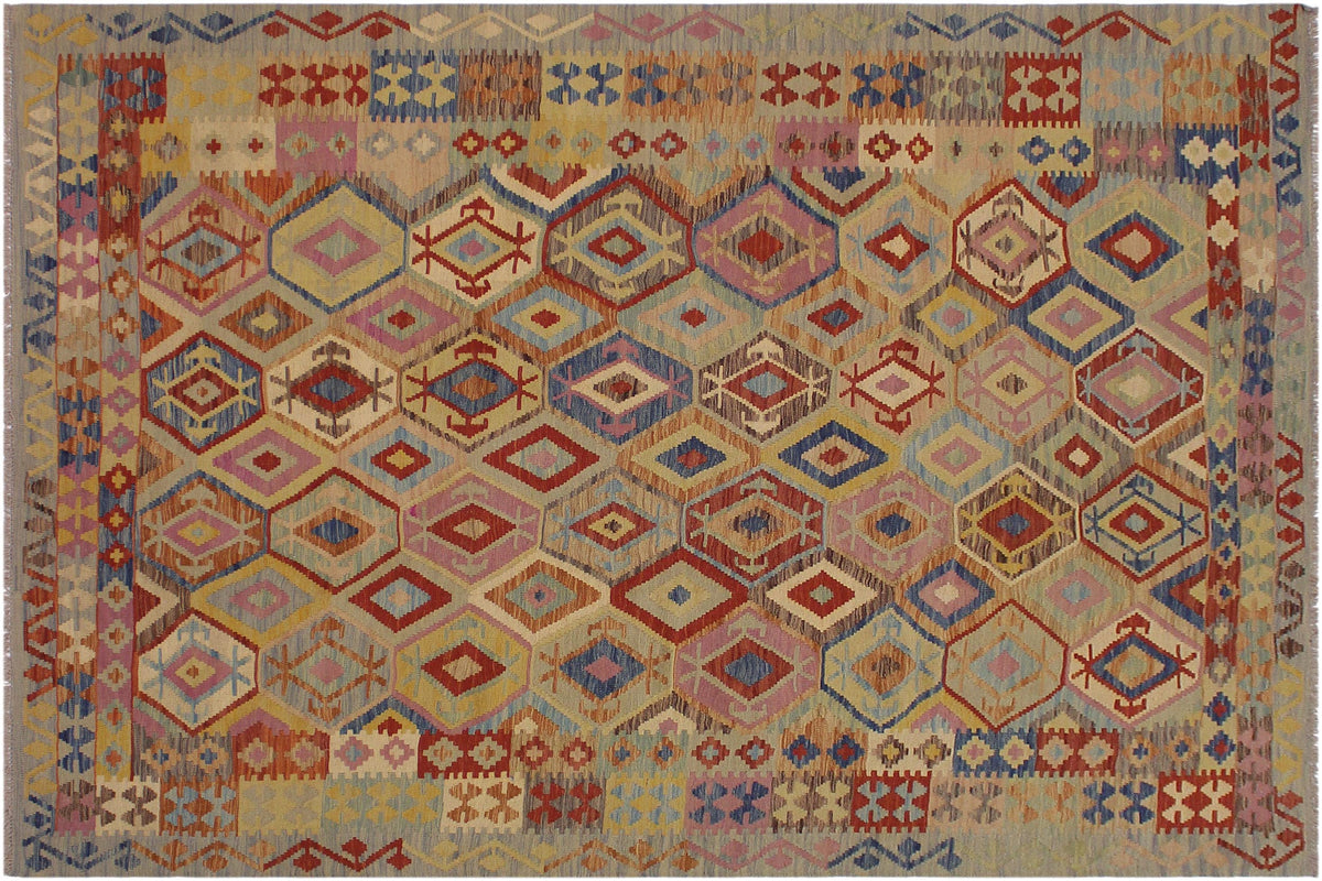 handmade Geometric Kilim Blue Tan Hand-Woven RECTANGLE 100% WOOL area rug 7 x 9