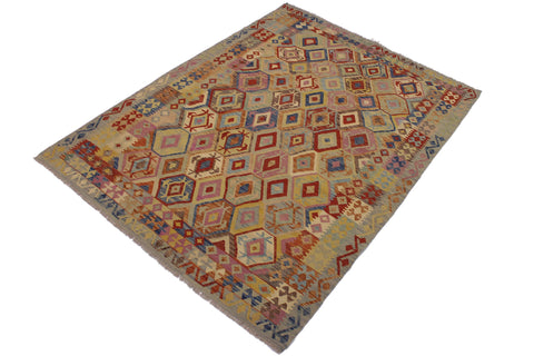 handmade Geometric Kilim Blue Tan Hand-Woven RECTANGLE 100% WOOL area rug 7 x 9
