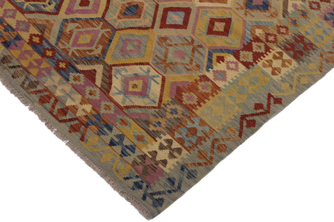handmade Geometric Kilim Blue Tan Hand-Woven RECTANGLE 100% WOOL area rug 7 x 9