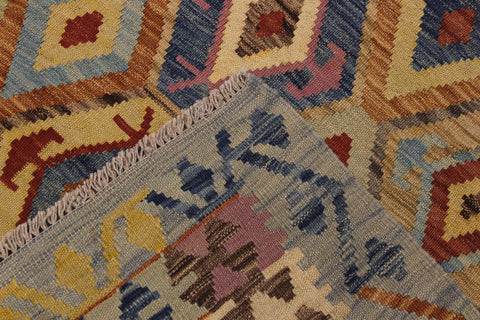 handmade Geometric Kilim Blue Tan Hand-Woven RECTANGLE 100% WOOL area rug 7 x 9