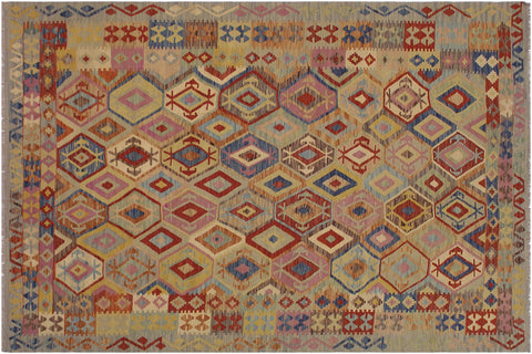 handmade Geometric Kilim Blue Tan Hand-Woven RECTANGLE 100% WOOL area rug 7 x 9