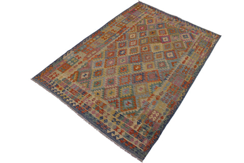 handmade Geometric Kilim Blue Beige Hand-Woven RECTANGLE 100% WOOL area rug 7 x 10