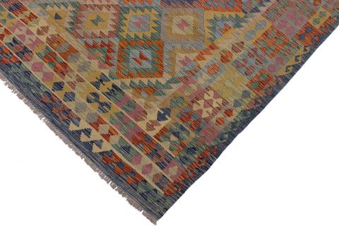 handmade Geometric Kilim Blue Beige Hand-Woven RECTANGLE 100% WOOL area rug 7 x 10