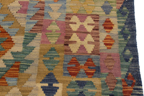handmade Geometric Kilim Blue Beige Hand-Woven RECTANGLE 100% WOOL area rug 7 x 10