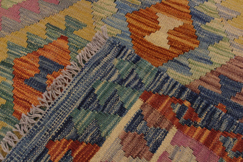 handmade Geometric Kilim Blue Beige Hand-Woven RECTANGLE 100% WOOL area rug 7 x 10