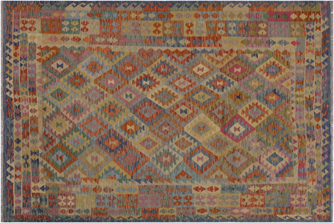 handmade Geometric Kilim Blue Beige Hand-Woven RECTANGLE 100% WOOL area rug 7 x 10