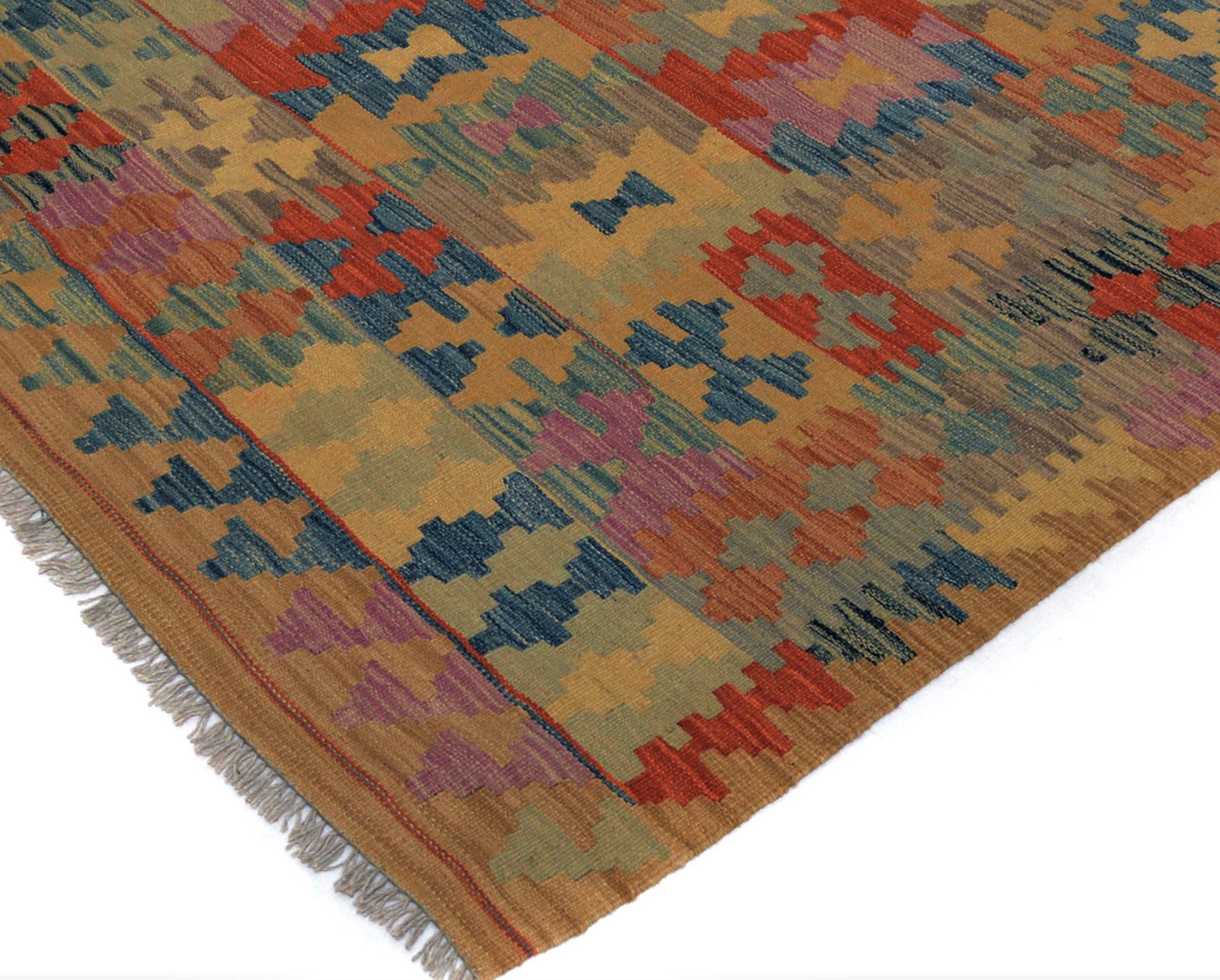 handmade Geometric Kilim Tan Blue Hand-Woven RECTANGLE 100% WOOL area rug 5x6