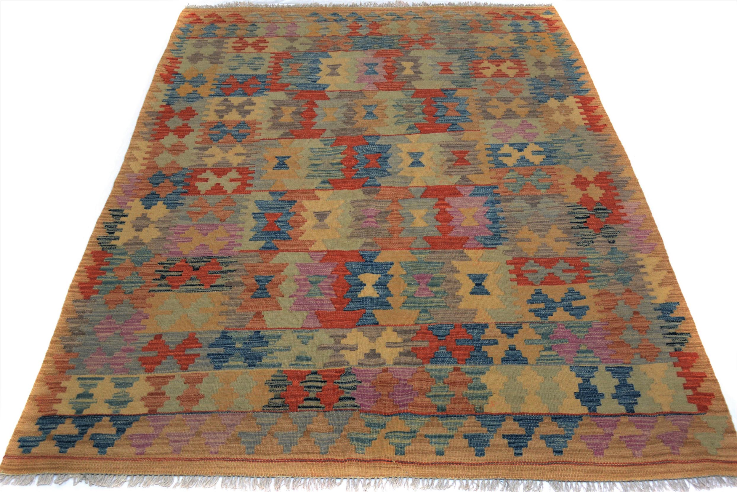 handmade Geometric Kilim Tan Blue Hand-Woven RECTANGLE 100% WOOL area rug 5x6