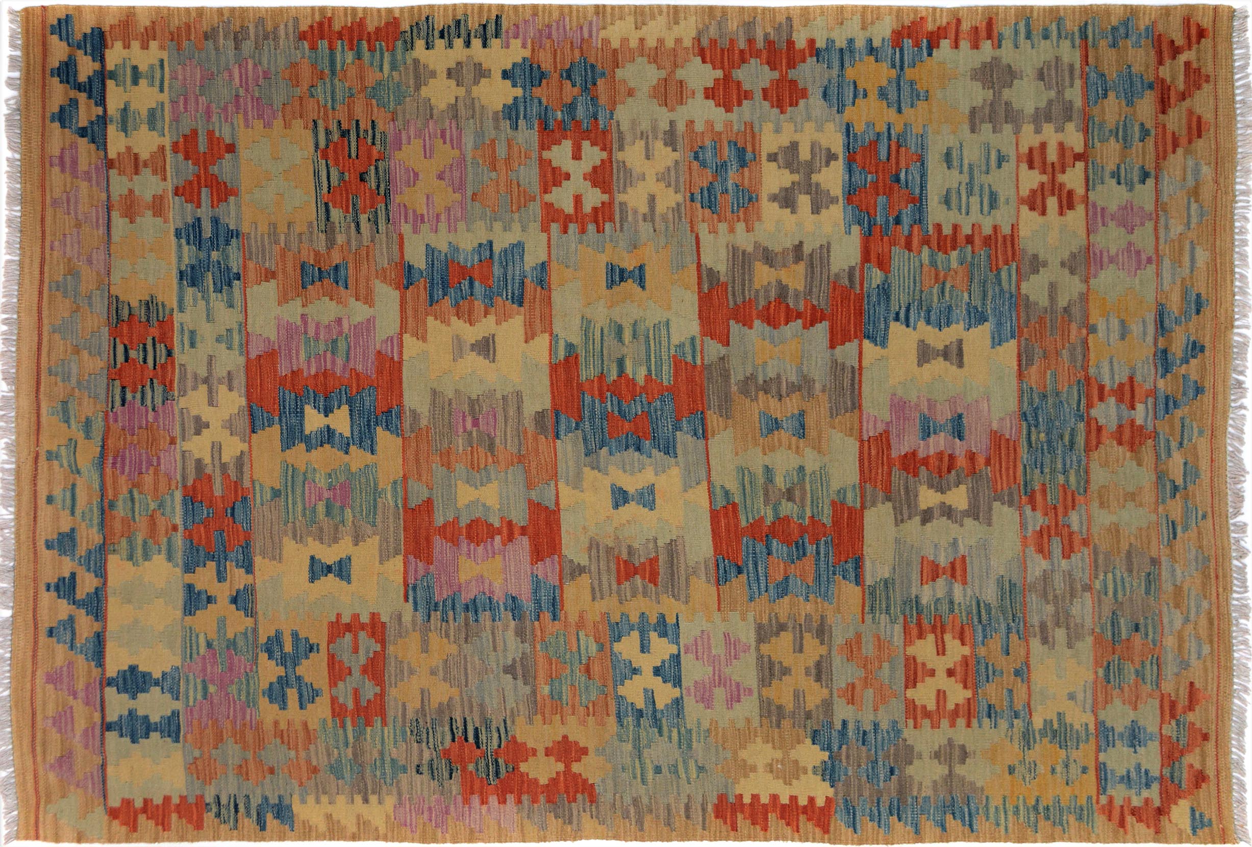 handmade Geometric Kilim Tan Blue Hand-Woven RECTANGLE 100% WOOL area rug 5x6