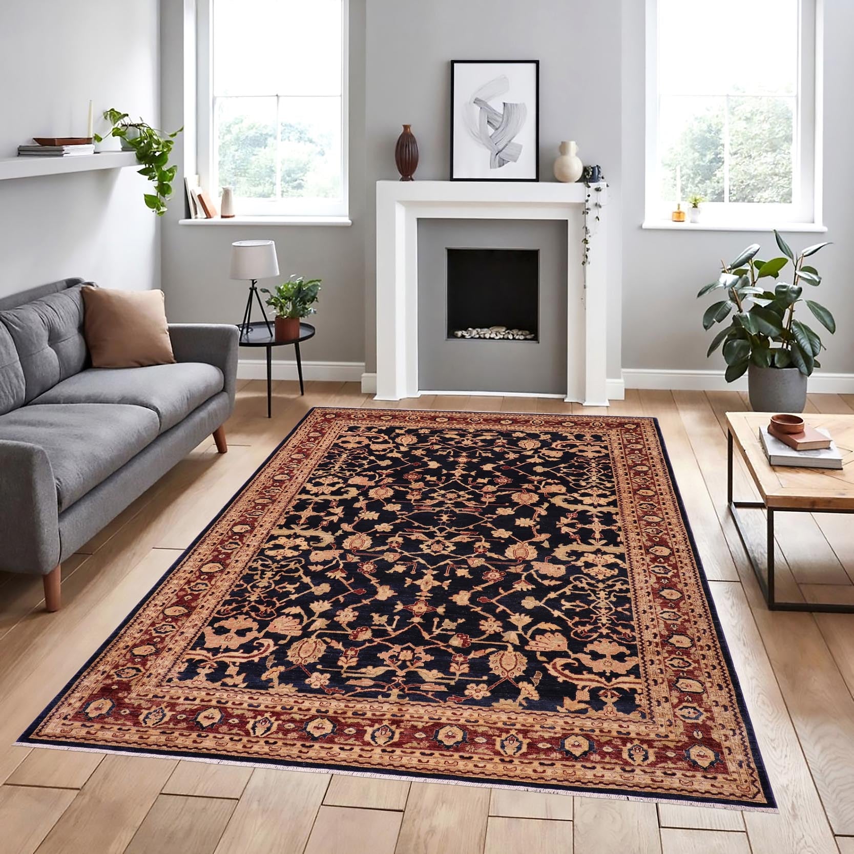 handmade Transitional Kafkaz Drk. Blue Brown Hand Knotted RECTANGLE 100% WOOL area rug 9' x 12'
