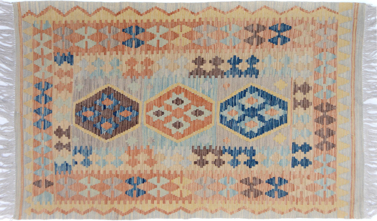 handmade Geometric Kilim Gray Blue Hand-Woven RECTANGLE 100% WOOL area rug 3' x 5'