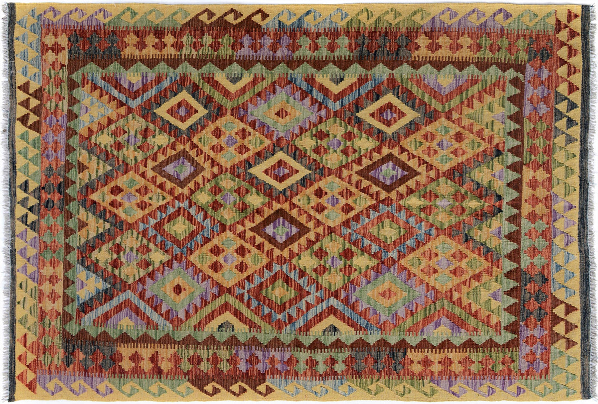 handmade Geometric Kilim Gold Red Hand-Woven RECTANGLE 100% WOOL area rug 5x6