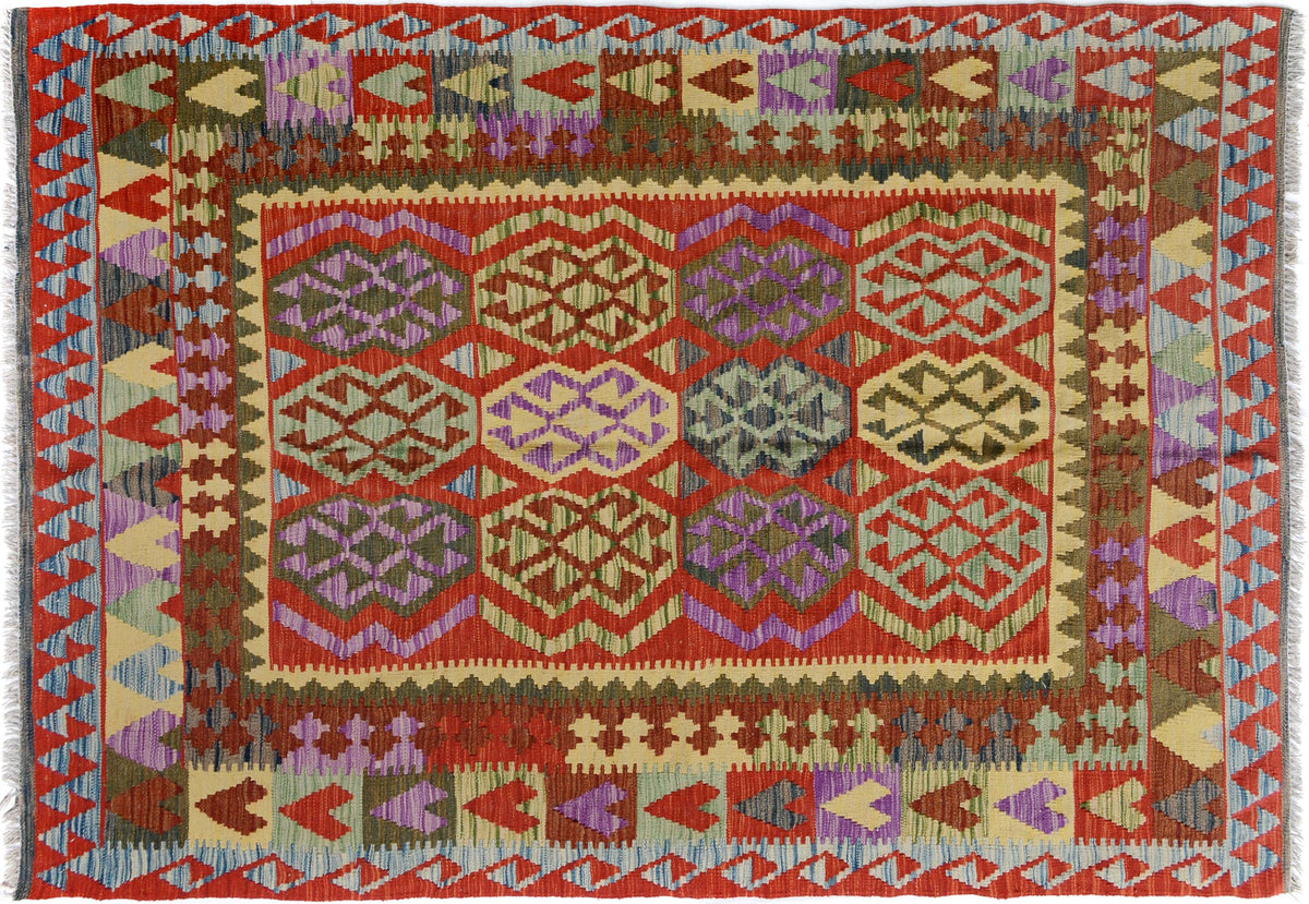 handmade Geometric Kilim Blue Red Hand-Woven RECTANGLE 100% WOOL area rug 5 x 7