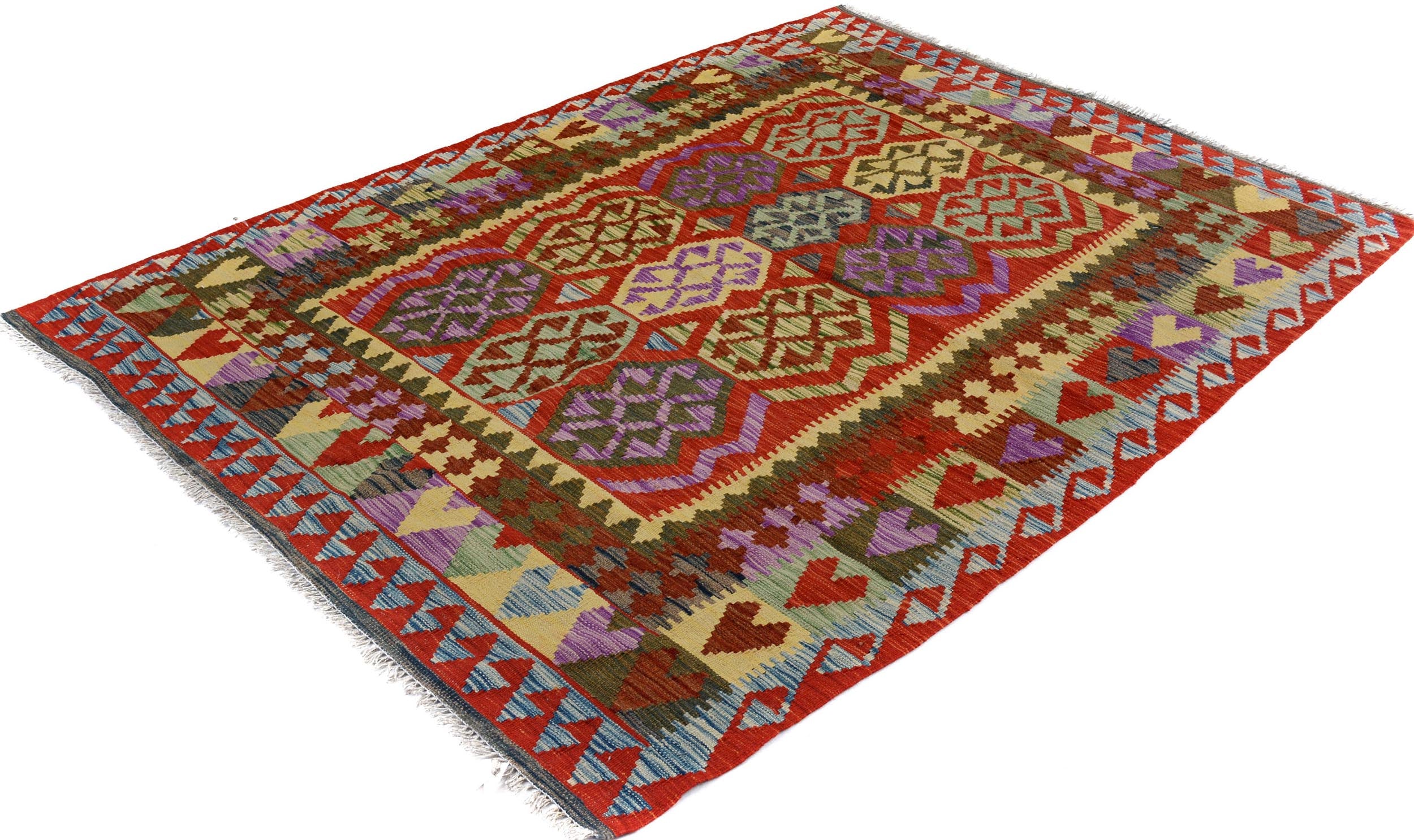 handmade Geometric Kilim Blue Red Hand-Woven RECTANGLE 100% WOOL area rug 5 x 7