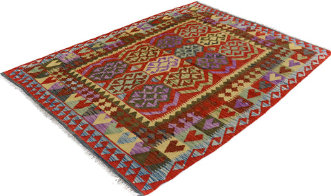 handmade Geometric Kilim Blue Red Hand-Woven RECTANGLE 100% WOOL area rug 5 x 7