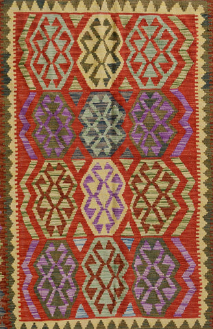 handmade Geometric Kilim Blue Red Hand-Woven RECTANGLE 100% WOOL area rug 5 x 7
