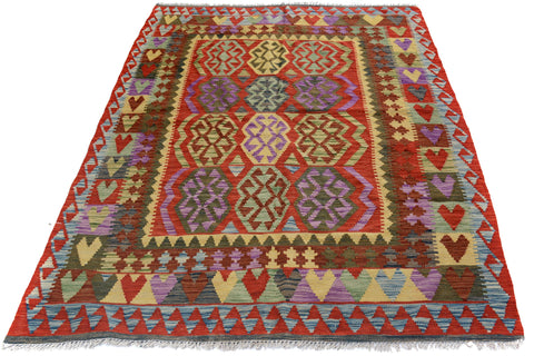 handmade Geometric Kilim Blue Red Hand-Woven RECTANGLE 100% WOOL area rug 5 x 7