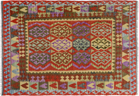 handmade Geometric Kilim Blue Red Hand-Woven RECTANGLE 100% WOOL area rug 5 x 7