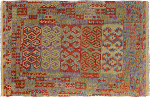 handmade Geometric Kilim Gold Red Hand-Woven RECTANGLE 100% WOOL area rug 6 x 9