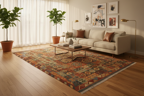 handmade Geometric Kilim Gray Rust Hand-Woven RECTANGLE 100% WOOL area rug 7 x 10